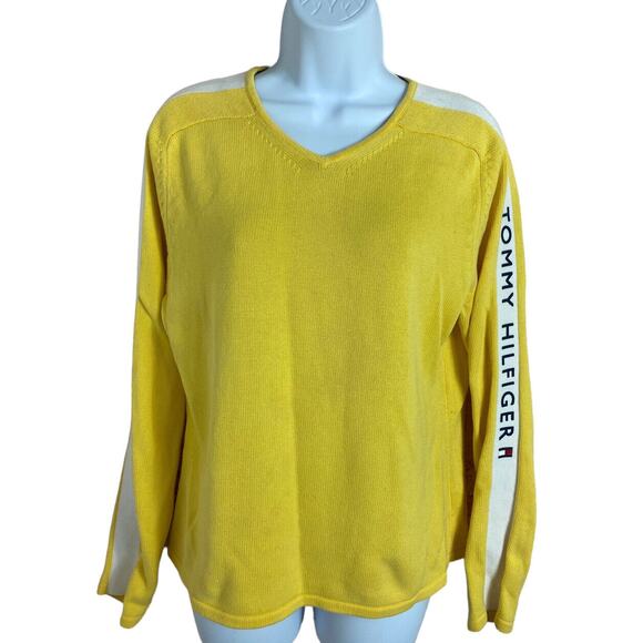 Tommy Hilfiger Women's Size Large Yellow Sweater Logo Y2K Retro Top Long-Sleeve - Picture 1 of 7